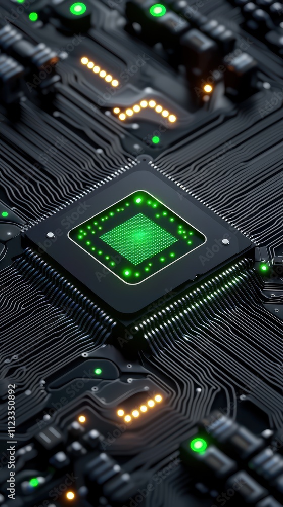 Fototapeta premium A close-up view of a circuit board featuring a central green microchip, surrounded by intricate pathways and glowing elements.