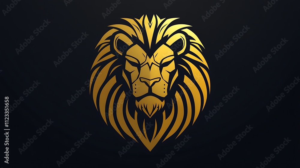 Fototapeta premium Clean gold and black gradient lion head logo, armor shape, flat vector style. Dark backdrop with simple details. Ultra HD.
