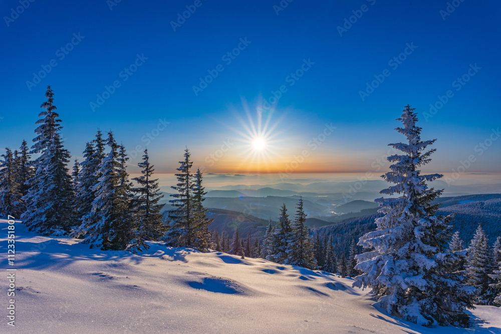 Fototapeta premium Shiny sunshine during frosty morning in the snowy mountains in winter.