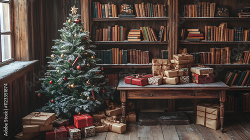 Wallpaper Mural A cozy reading nook with a small Christmas tree on a wooden table surrounded by books and a mountain of literary-themed gift boxes. Torontodigital.ca