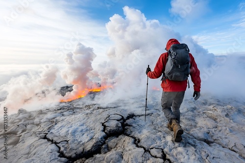 Intrepid Volcanologist Traverses Smoking Volcanic Crater with Probe for Measurement