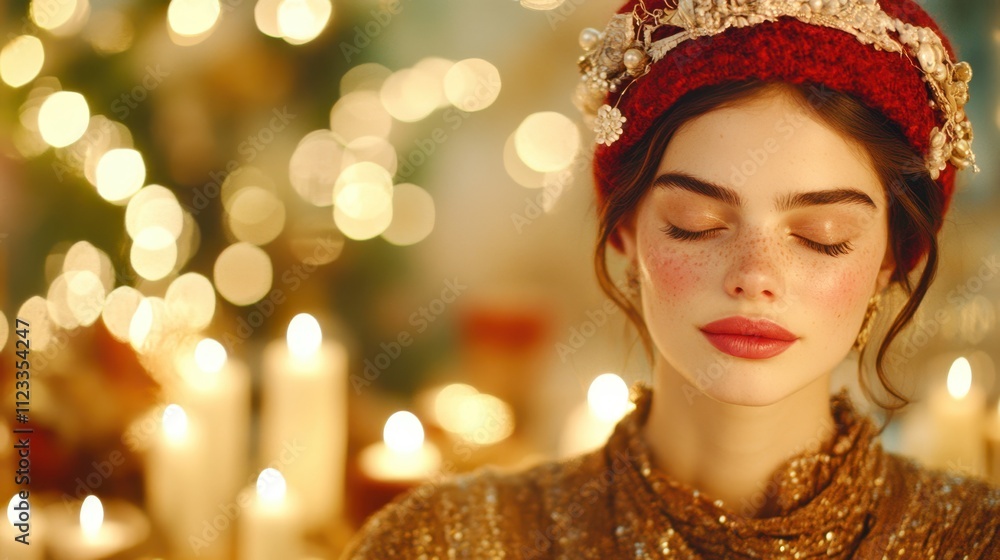 Fototapeta premium A young woman with glowing skin and wavy hair meditates with candles outdoors, wearing a jeweled headpiece, embodying serenity and mysticism.