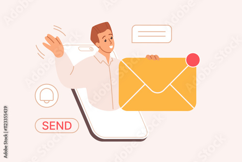 New SMS or email notification, inbox messages reminder in platforms mailbox. Man on mobile phone screen holding big envelope with letter or newsletter to notify document cartoon vector illustration