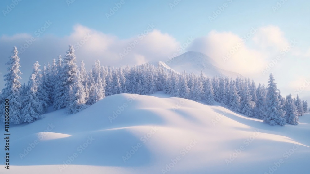 Snowy Mountain Landscape with Fir Trees and Blue Sky Snowy Mountain Landscape with Fir Trees and Blue Sky