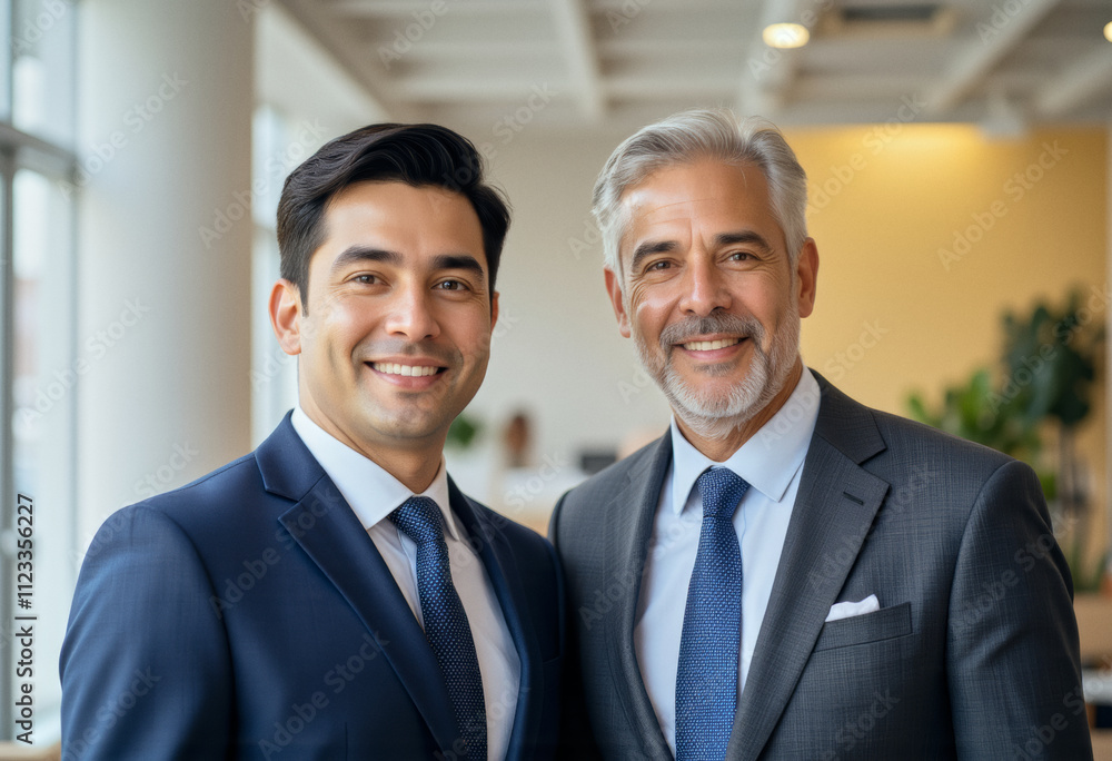 A portrait business headshot photo of colleagues in a modern business office: Two men in suits standing next to each other. A portrait business headshot photo of colleagues in a modern business office: Two men in suits standing next to each other.