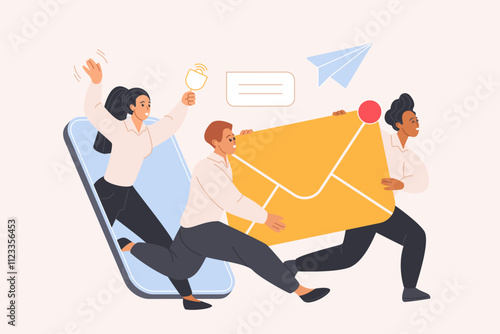 Delivery of letter and message to inbox of mail platform, subscription automation. Marketing team of tiny happy characters carry big envelope from mobile phone screen cartoon vector illustration