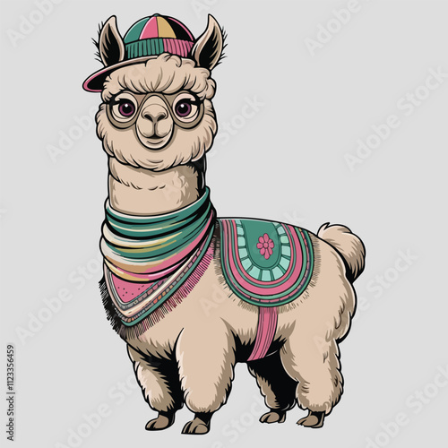 Cute Alpaca Standing Cartoon Vector With Hat