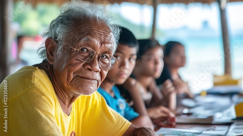 A senior citizen attends a workshop on coral reef preservation, engaging with young people about marine conservation efforts. photo