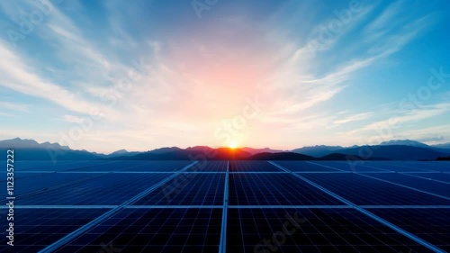 Solar Panels at Sunrise Over Mountains with Clear Blue Sky photo