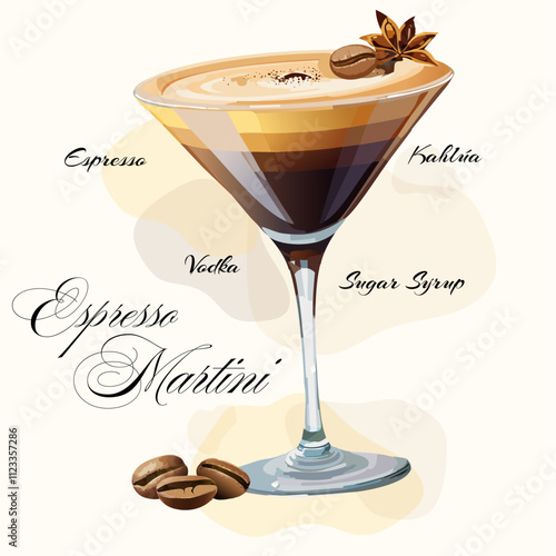 Espresso Martini Cocktail Flat design. Summer Cocktail Drink Vector Illustration