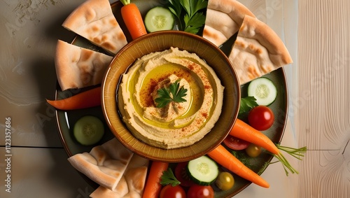 AI GENERATE, Authentic Middle Eastern hummus served in a ceramic bowl, surrounded by pita bread, olive oil drizzle, and fresh vegetables photo