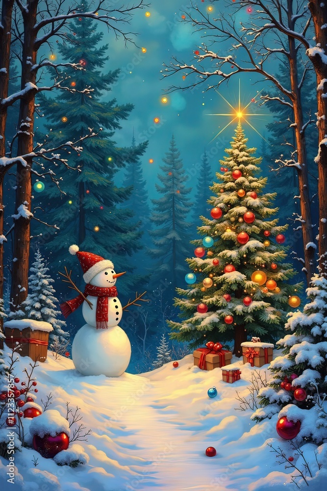 Fototapeta premium Ai pupazzo di neve e l'albero di Natale 03
