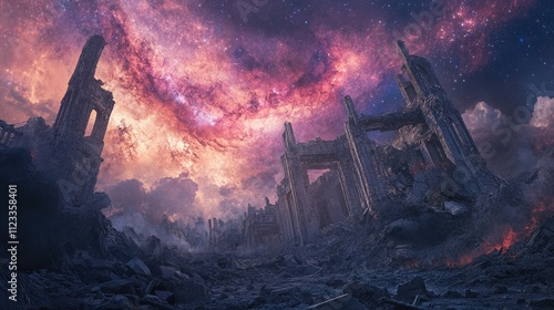 Famous building that collapsed and was in surrel ruins, the end of the world, dramatic galaxy overhead photo