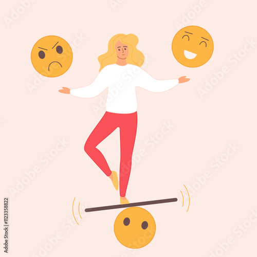 Emotion control for mental balance and stability, emotional intelligence. Tiny confused woman holding angry and happy emoji to choose between positive and negative feelings cartoon vector illustration