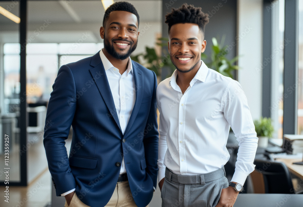 A portrait business headshot photo of colleagues in a modern business office: Two men standing next to each other in an office. A portrait business headshot photo of colleagues in a modern business office: Two men standing next to each other in an office.