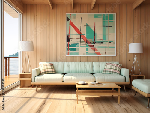 Midcentury modern style living room with mint couch and statement wall art. Mid mod living room interior. Plaid sofa. photo