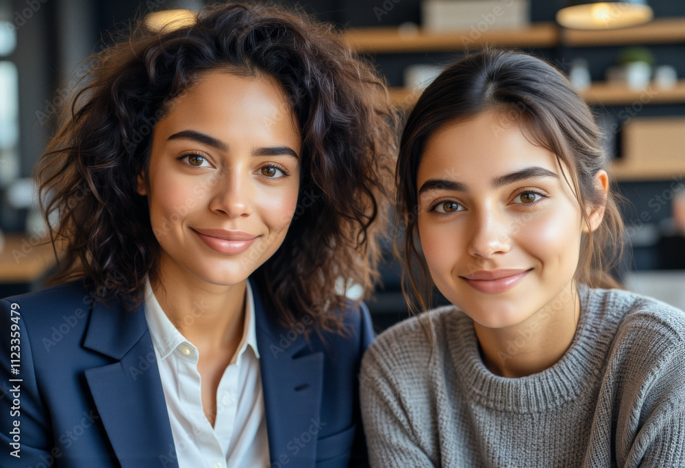 A portrait business headshot photo of colleagues in a modern business office: Two women sitting next to each other smiling at the camera. A portrait business headshot photo of colleagues in a modern business office: Two women sitting next to each other smiling at the camera.