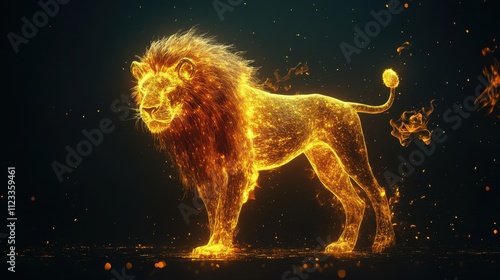 Sparkling Lion in Golden Light against Dark Background photo