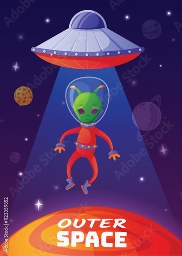 Green alien wearing spacesuit being abducted by ufo with tractor beam, hovering over a planet in outer space, surrounded by stars and other planets