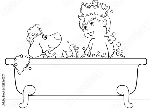 Child and Dog Enjoying a Playful Bubble Bath in Bathtub