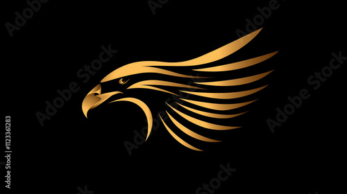 Golden Eagle Head Profile Wing Design Black Background Vector Graphic photo