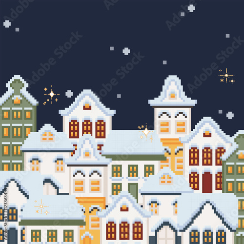 Flat cute pixel 8 bit Western style building and houses facade in winter snow template. Cityscape street view. For decoration, concept proposal, game design, postcard, banner, social media