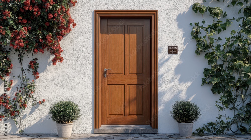 Fototapeta premium Traditional cheap front entrance door with wood, brown wooden style. ai generative 