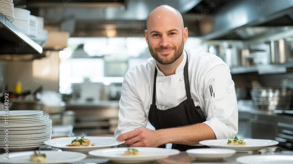 Obraz premium Professional Chef Prepares Gourmet Dishes in Modern Kitchen