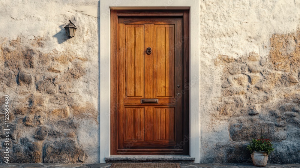 Fototapeta premium Traditional cheap front entrance door with wood, brown wooden style. ai generative