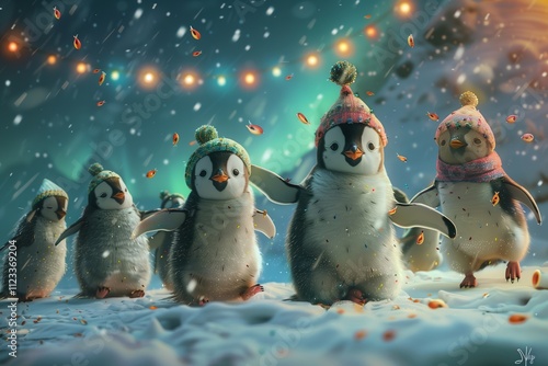 Cute penguins in colorful hats stroll through a snowy landscape, celebrating winter joy. photo