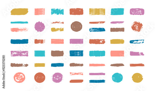 Vector set of colorful and mocha mousse elements, brush strokes, circles, and text boxes.Abstract frames and circles, with vibrant grunge brush effects isolated on a transparent background.