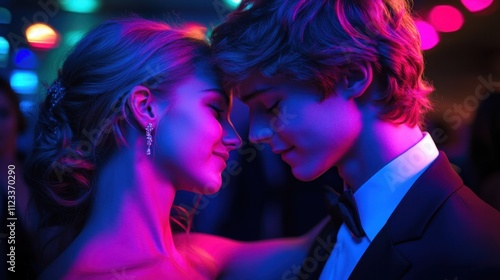 Couple in formal attire dancing, soft lighting illuminating their faces, enchanting prom night, emotional atmosphere, romantic connection