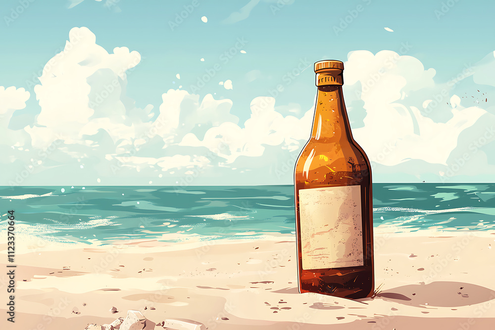 A brown bottle stands on a sandy beach with the ocean in the background under a blue sky. A brown bottle stands on a sandy beach with the ocean in the background under a blue sky.