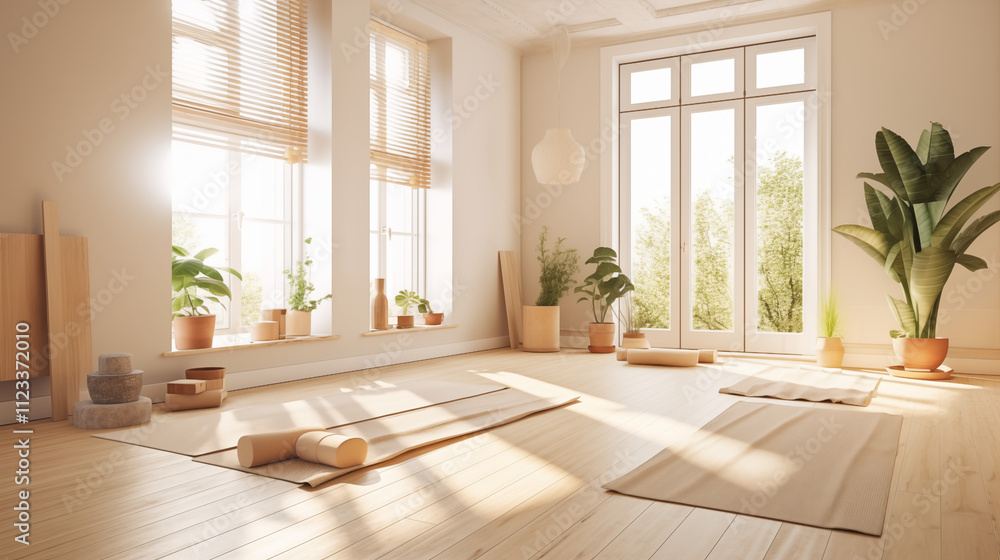 Fototapeta premium Bright Yoga Studio Interior Sunlight Mats Plants