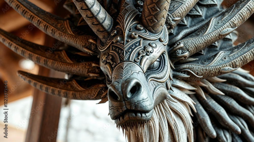 Fototapeta premium Intricate mythical creature sculpture with elaborate horns in artistic gallery setting