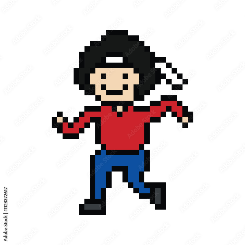 Fototapeta premium Cute pixel cartoon exercise run 8bit character man run or running jog cardio lifestyle for decoration life style 8 bit male boy jog marathon exercise png vector.