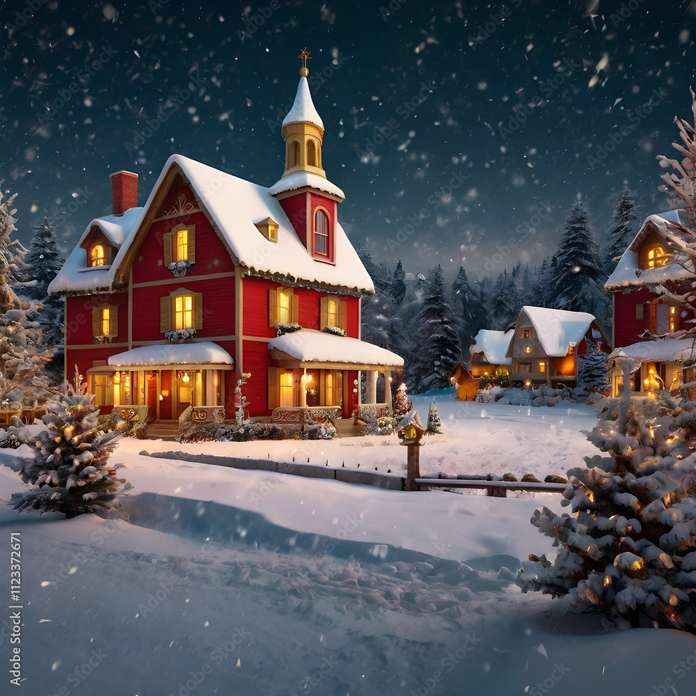 Fototapeta premium A cozy, festive home decorated for Christmas, with twinkling lights, wreaths, and a welcoming atmosphere. The front porch is adorned with holiday garlands, and the windows feature festive curtains and