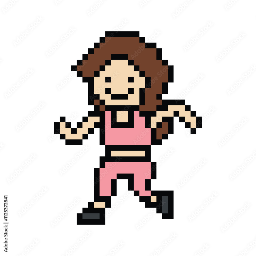 Fototapeta premium Cute cartoon run exercise pixel cartoon 8bit character woman lady run or running jog cardio lifestyle for decoration life style 8 bit female jog marathon exercise png vector.