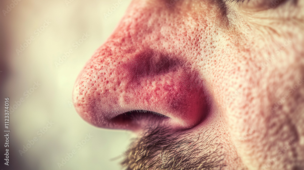 Close up of red irritated nose, emphasizing the discomfort and struggle of allergies or cold symptoms, highlighting the human vulnerability and resilience in the face of common ailments Close up of red irritated nose, emphasizing the discomfort and struggle of allergies or cold symptoms, highlighting the human vulnerability and resilience in the face of common ailments