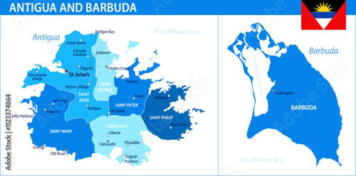 Antigua and Barbuda Map Vector New Blue Spot - Customizable layered political map of Antigua and Barbuda with administrative divisions for website, education, reports, news, politics, print
