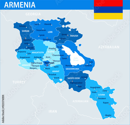 Armenia Map Vector Blue Spot - Customizable layered political map of Armenia with administrative divisions for website, education, reports, news, politics, print, poster and wallpaper