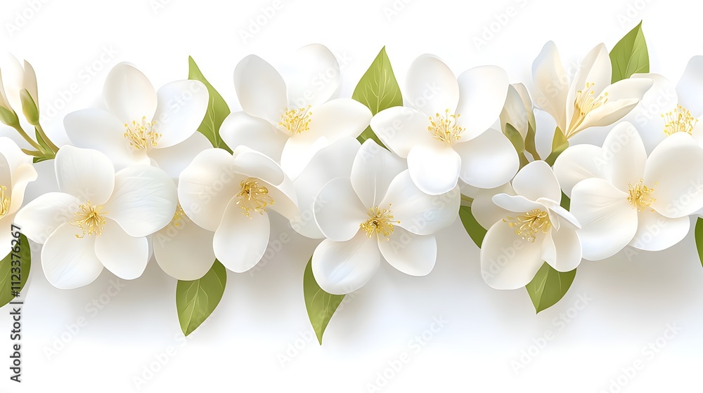 Obraz premium A row of white flowers with green leaves
