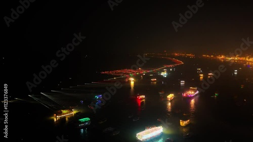 Aerial Shot of Dev Diwali in Kashi: Glowing Ghats, Boats, and Ganga River