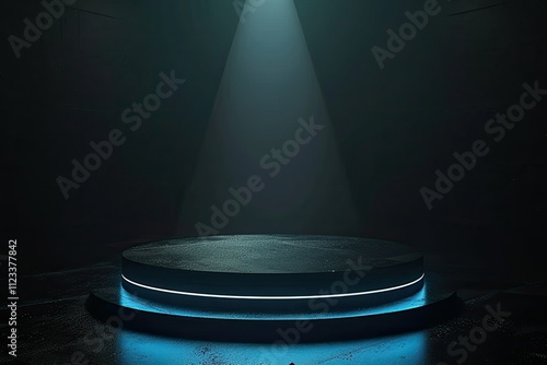 3D Rendering of Empty Dark Podium Pedestal Glowing in Spotlight Futuristic SciFi Background