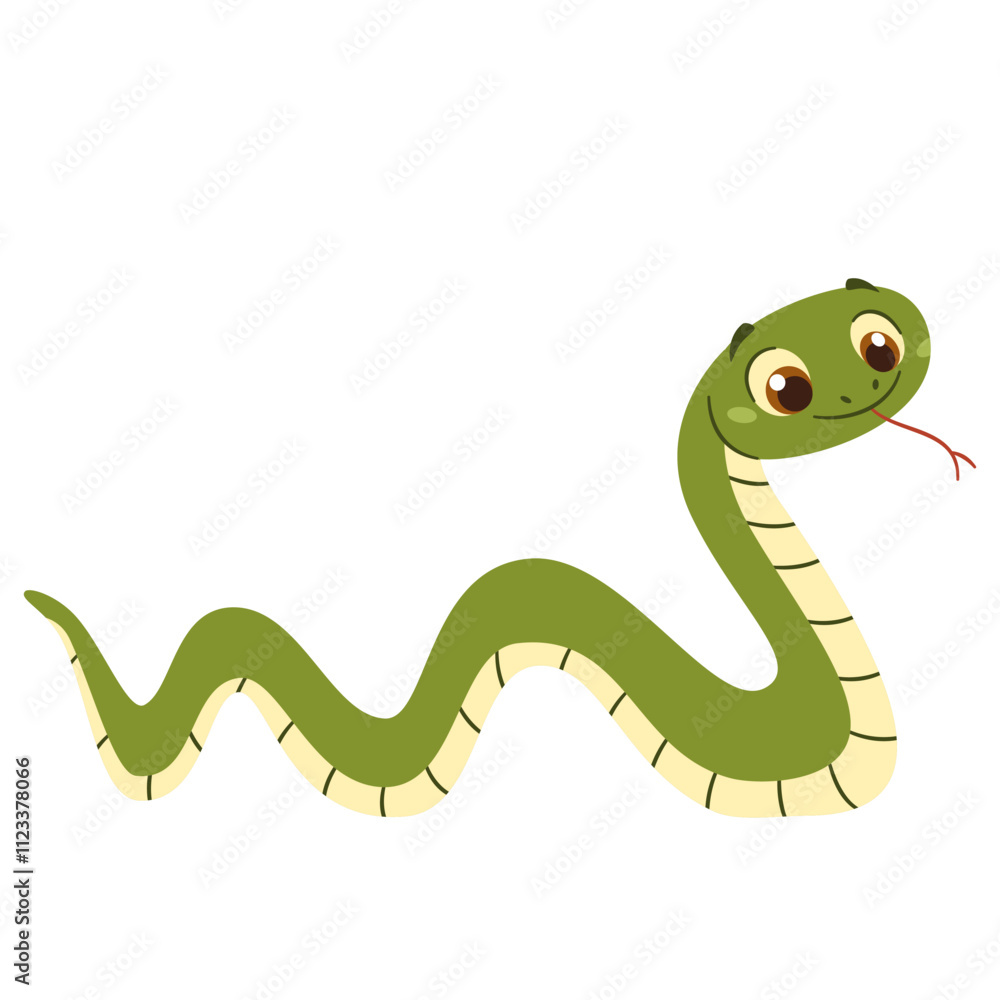 Obraz premium Flat vector illustration in a simple children's style. Cute kind snake on white background. Vector illustration