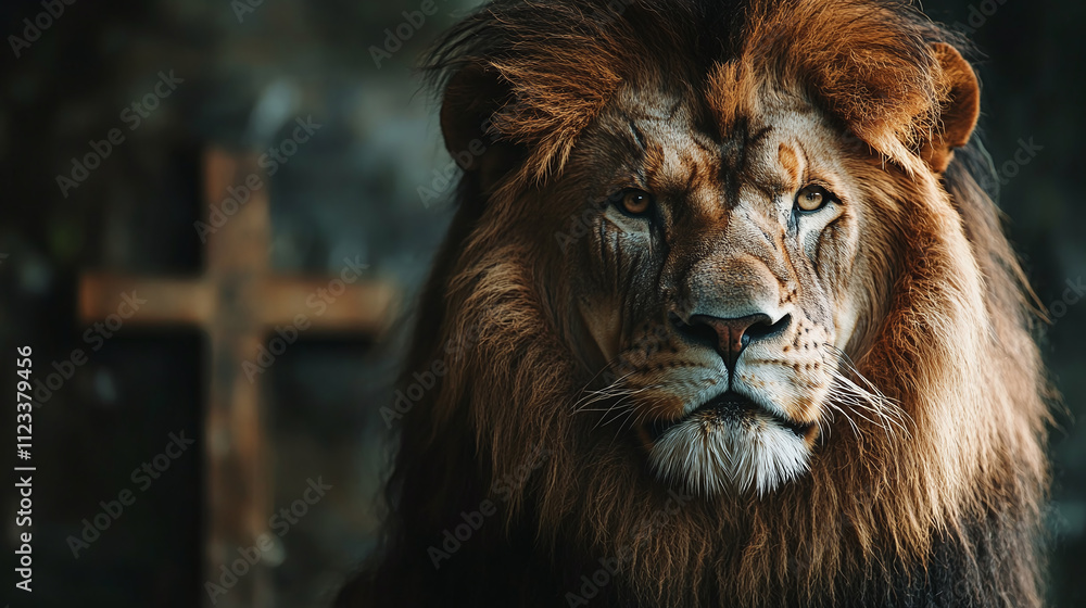 Fototapeta premium Majestic lion of judah with cross symbolizing christian gospel power, jesus christ as lord and god with royal king religious presence poster, copy space.