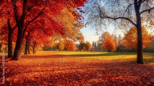 serene autumn landscape with trees in vibrant shades of red, orange, and yellow, leaves carpeting the ground, and a crisp, clear sky