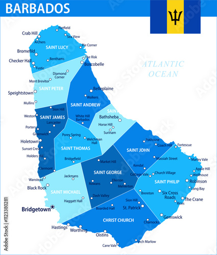 Barbados Map Vector Blue Spot - Customizable layered political map of Barbados with administrative divisions for website, education, reports, news, politics, print, poster and wallpaper