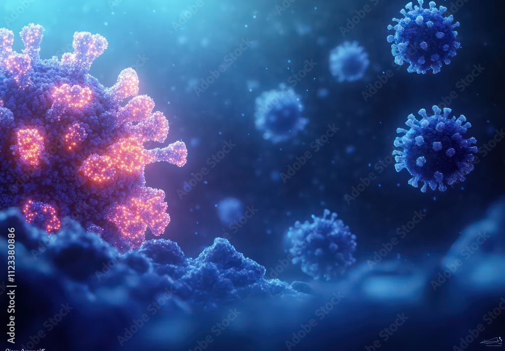 A digital illustration of viruses in a microscopic environment. A digital illustration of viruses in a microscopic environment.