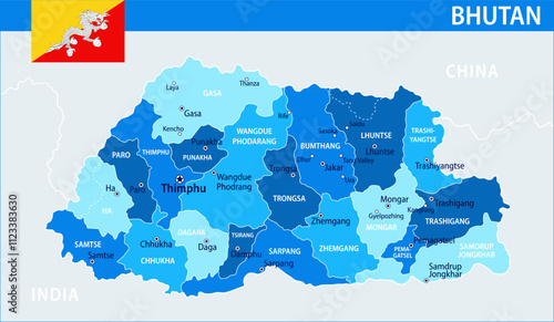 Bhutan Map Vector Blue Spot - Customizable layered political map of Bhutan with administrative divisions for website, education, reports, news, politics, print, poster and wallpaper